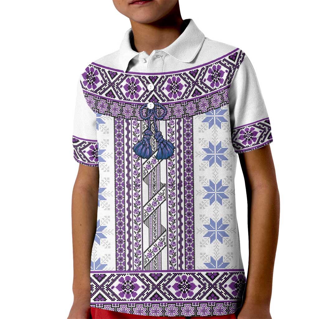Ukraine Kid Polo Shirt Traditional Braided Rope Belt Purple Folk Pattern