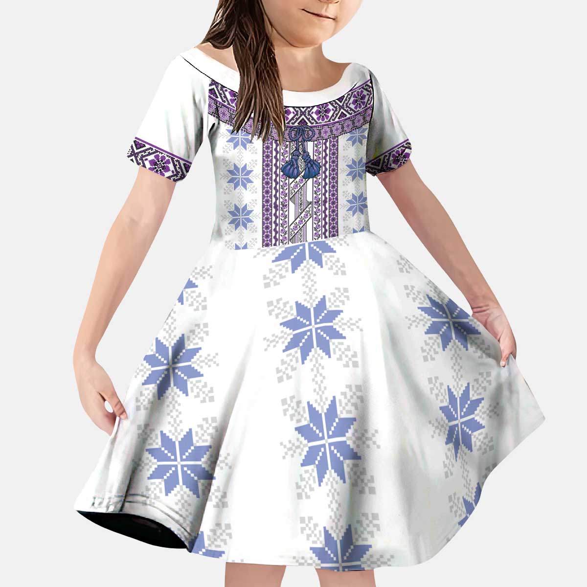 Ukraine Kid Short Sleeve Dress Traditional Braided Rope Belt Purple Folk Pattern