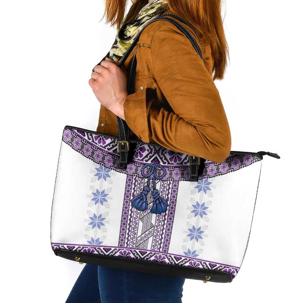 Ukraine Leather Tote Bag Traditional Braided Rope Belt Purple Folk Pattern