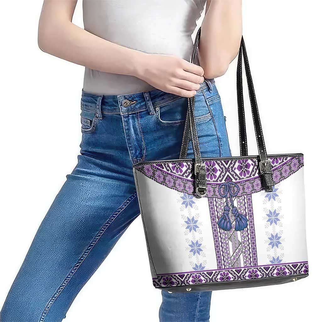 Ukraine Leather Tote Bag Traditional Braided Rope Belt Purple Folk Pattern