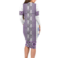 Ukraine Long Sleeve Bodycon Dress Traditional Braided Rope Belt Purple Folk Pattern
