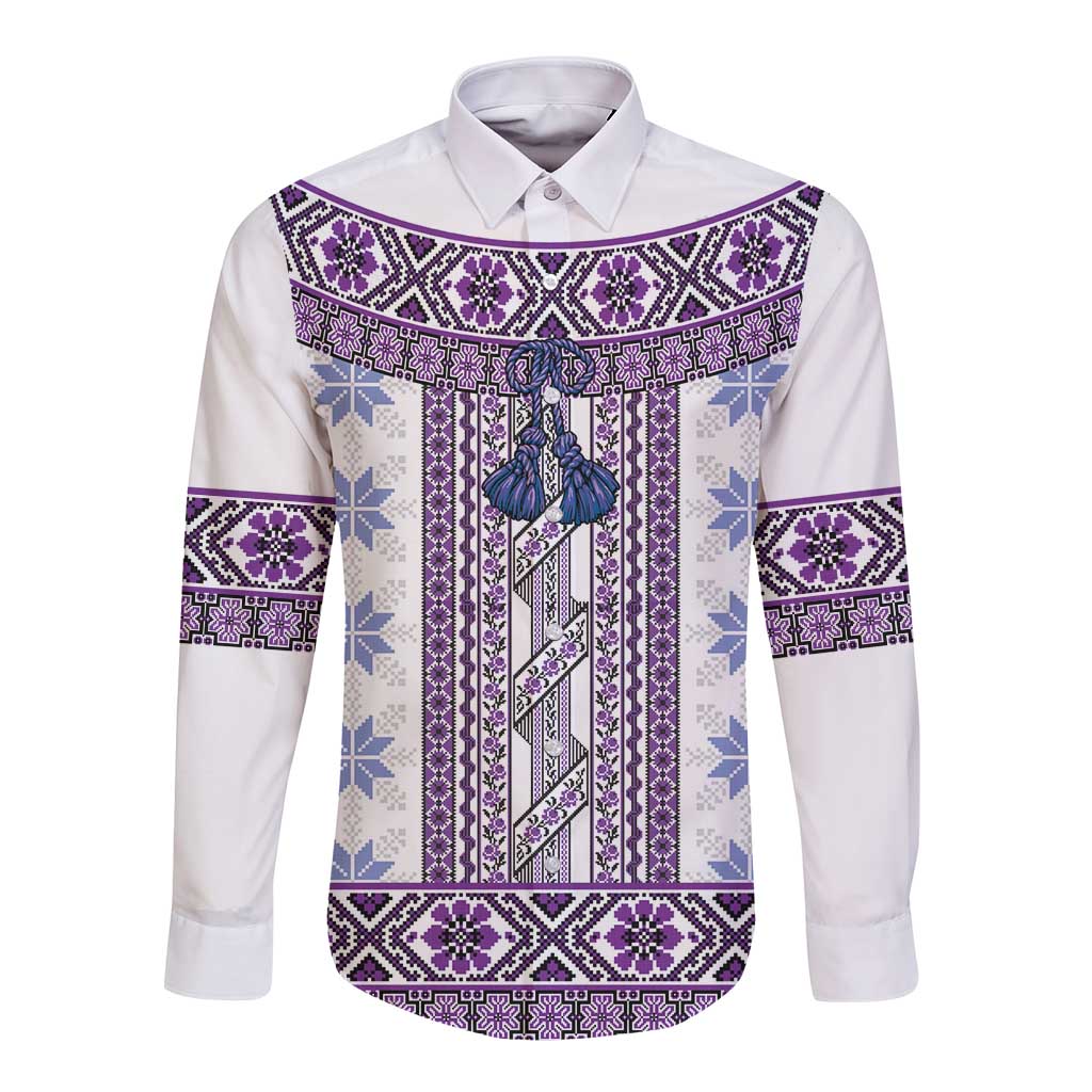 Ukraine Long Sleeve Button Shirt Traditional Braided Rope Belt Purple Folk Pattern