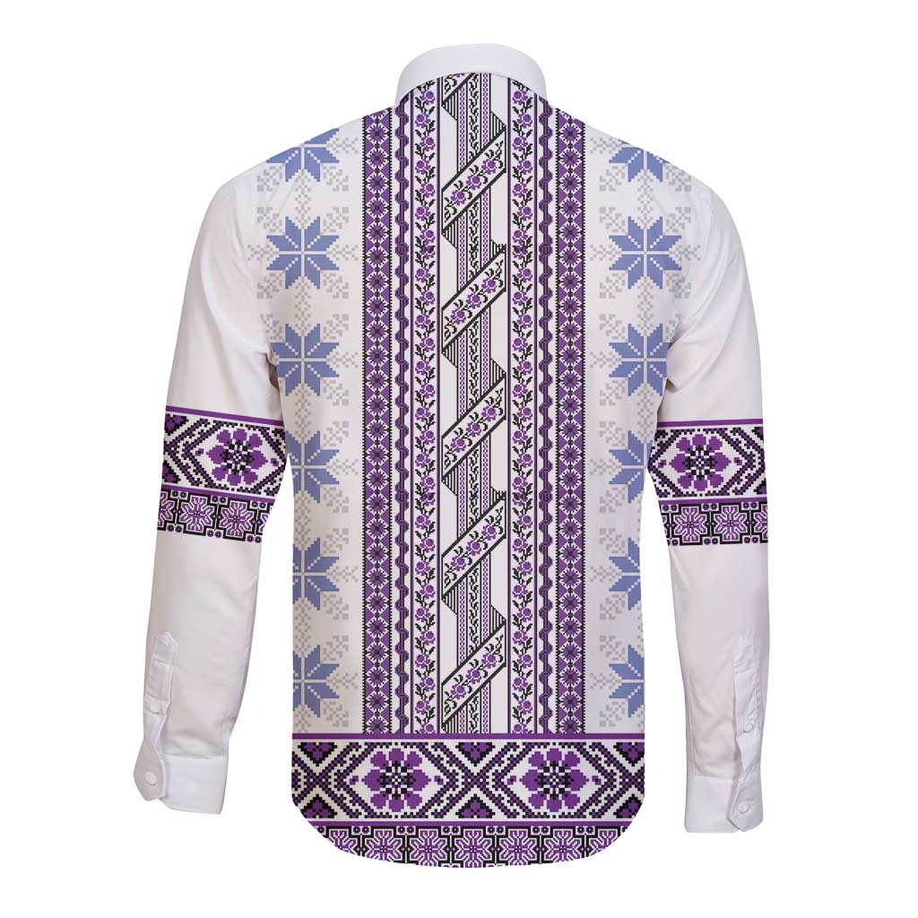 Ukraine Long Sleeve Button Shirt Traditional Braided Rope Belt Purple Folk Pattern