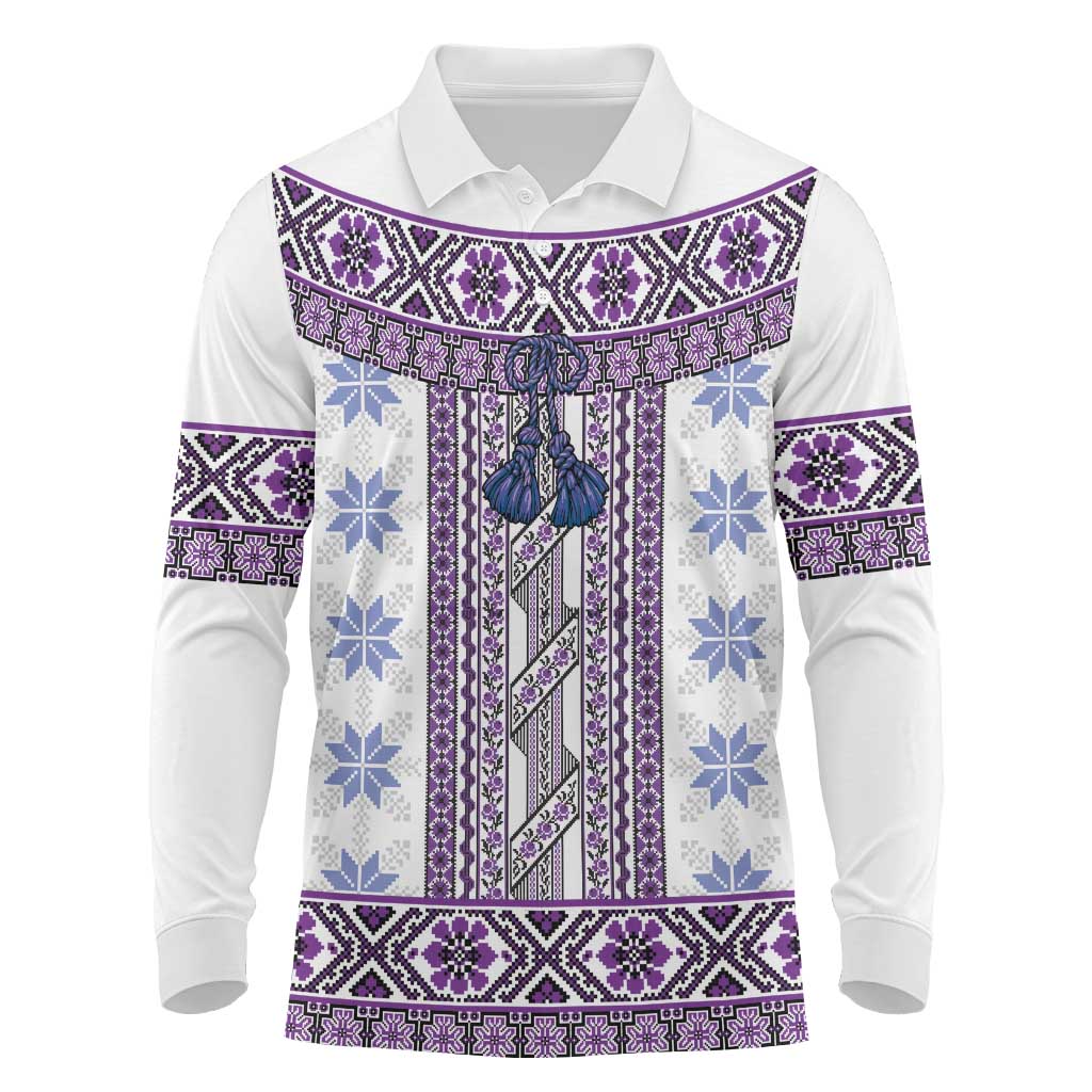 Ukraine Long Sleeve Polo Shirt Traditional Braided Rope Belt Purple Folk Pattern