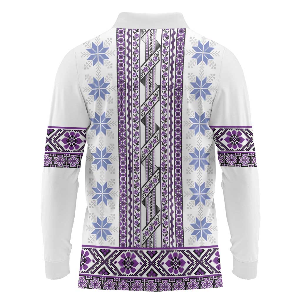 Ukraine Long Sleeve Polo Shirt Traditional Braided Rope Belt Purple Folk Pattern
