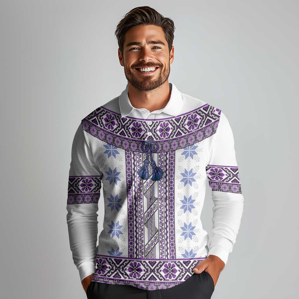 Ukraine Long Sleeve Polo Shirt Traditional Braided Rope Belt Purple Folk Pattern