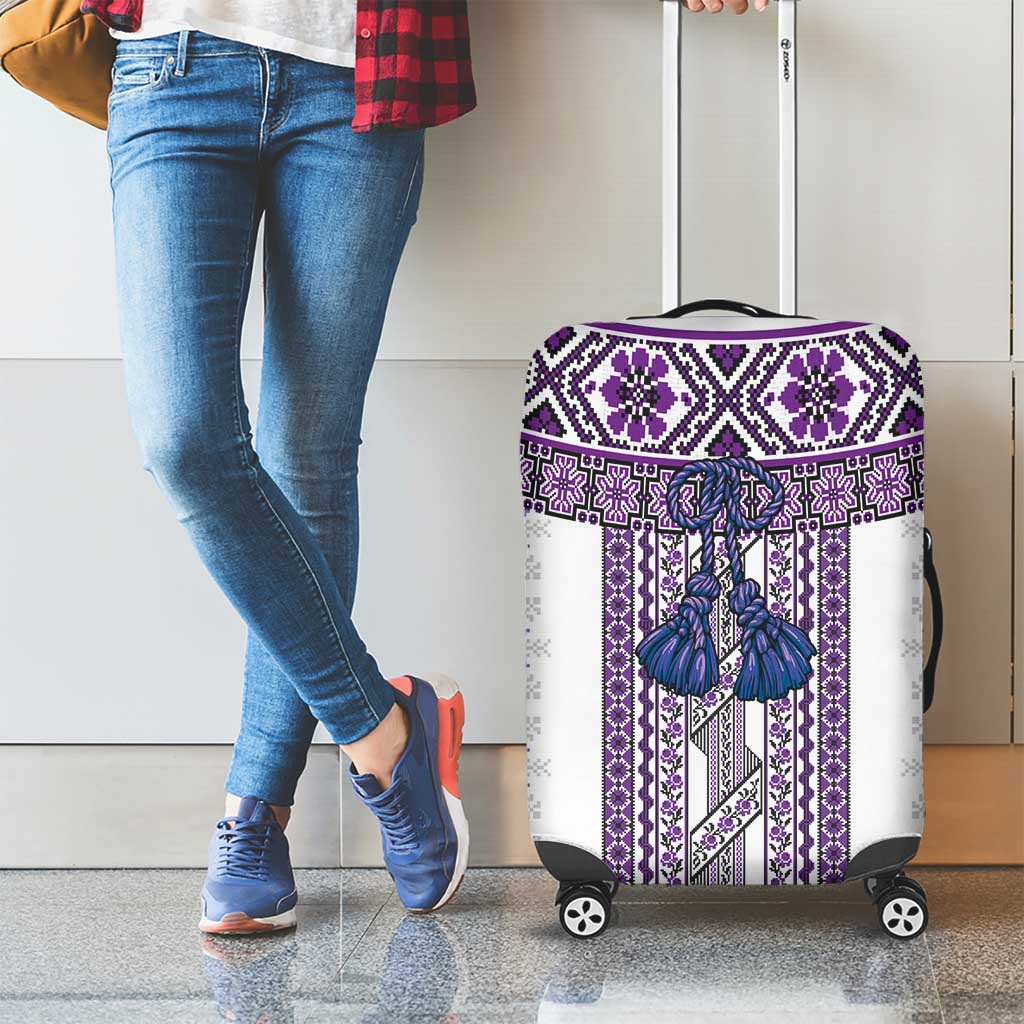 Ukraine Luggage Cover Traditional Braided Rope Belt Purple Folk Pattern