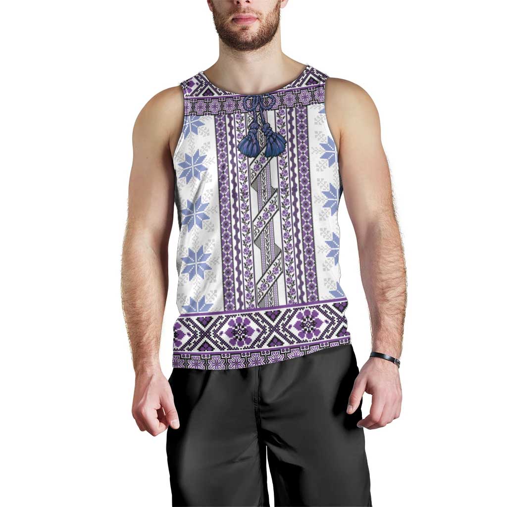 Ukraine Men Tank Top Traditional Braided Rope Belt Purple Folk Pattern