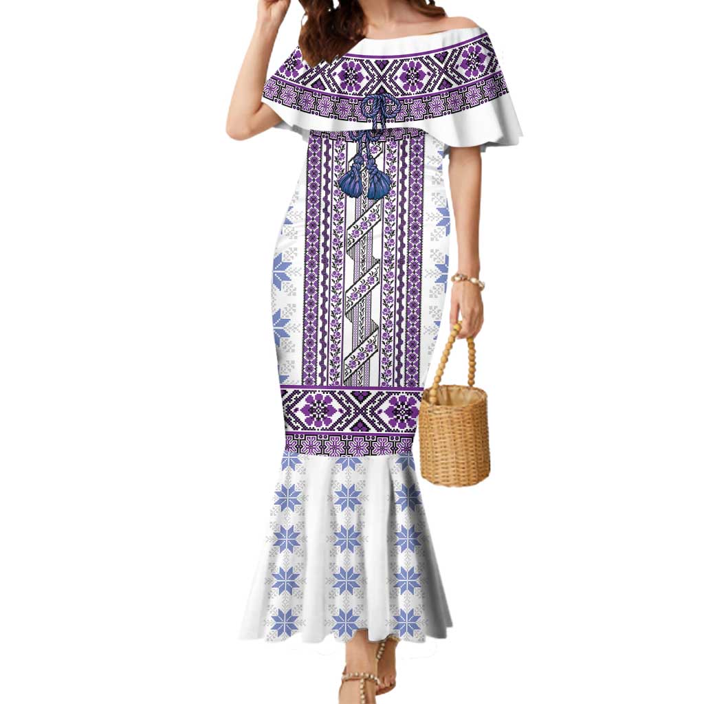 Ukraine Mermaid Dress Traditional Braided Rope Belt Purple Folk Pattern