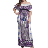 Ukraine Off Shoulder Maxi Dress Traditional Braided Rope Belt Purple Folk Pattern