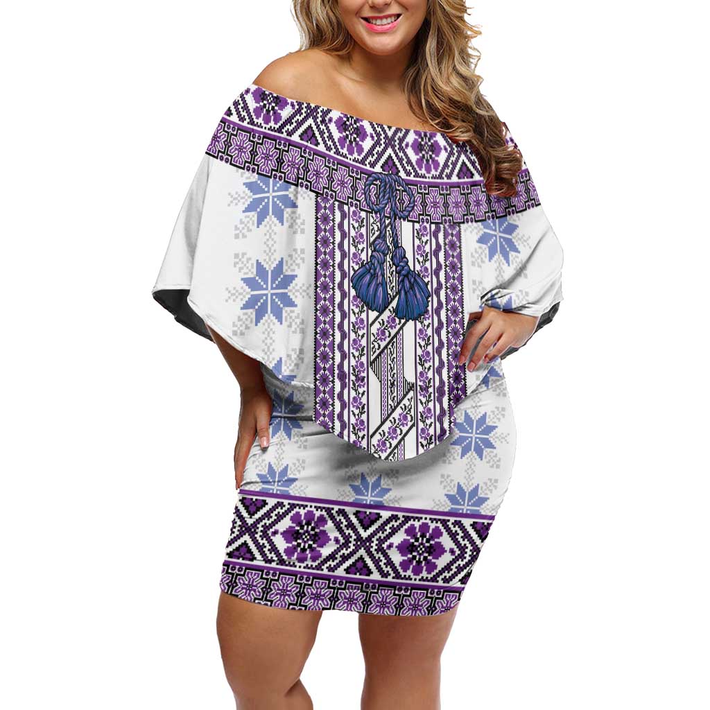 Ukraine Off Shoulder Short Dress Traditional Braided Rope Belt Purple Folk Pattern