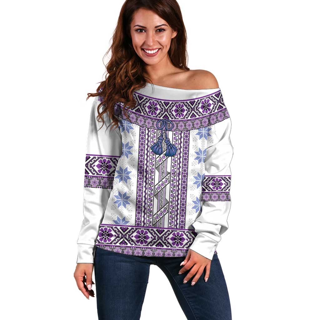 Ukraine Off Shoulder Sweater Traditional Braided Rope Belt Purple Folk Pattern