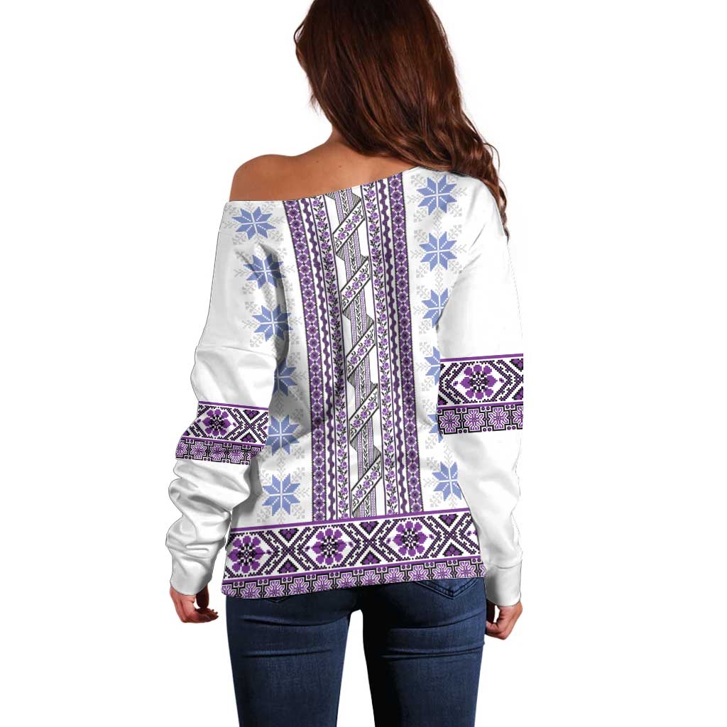 Ukraine Off Shoulder Sweater Traditional Braided Rope Belt Purple Folk Pattern