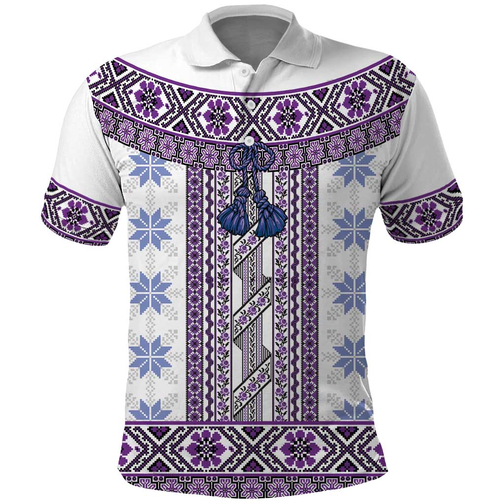 Ukraine Polo Shirt Traditional Braided Rope Belt Purple Folk Pattern