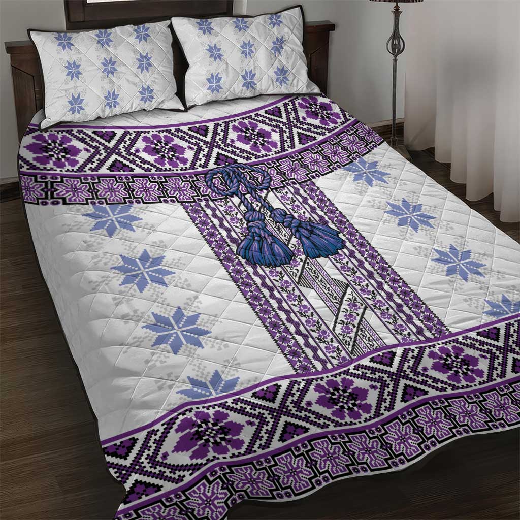 Ukraine Quilt Bed Set Traditional Braided Rope Belt Purple Folk Pattern
