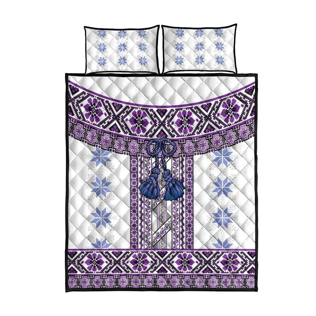Ukraine Quilt Bed Set Traditional Braided Rope Belt Purple Folk Pattern