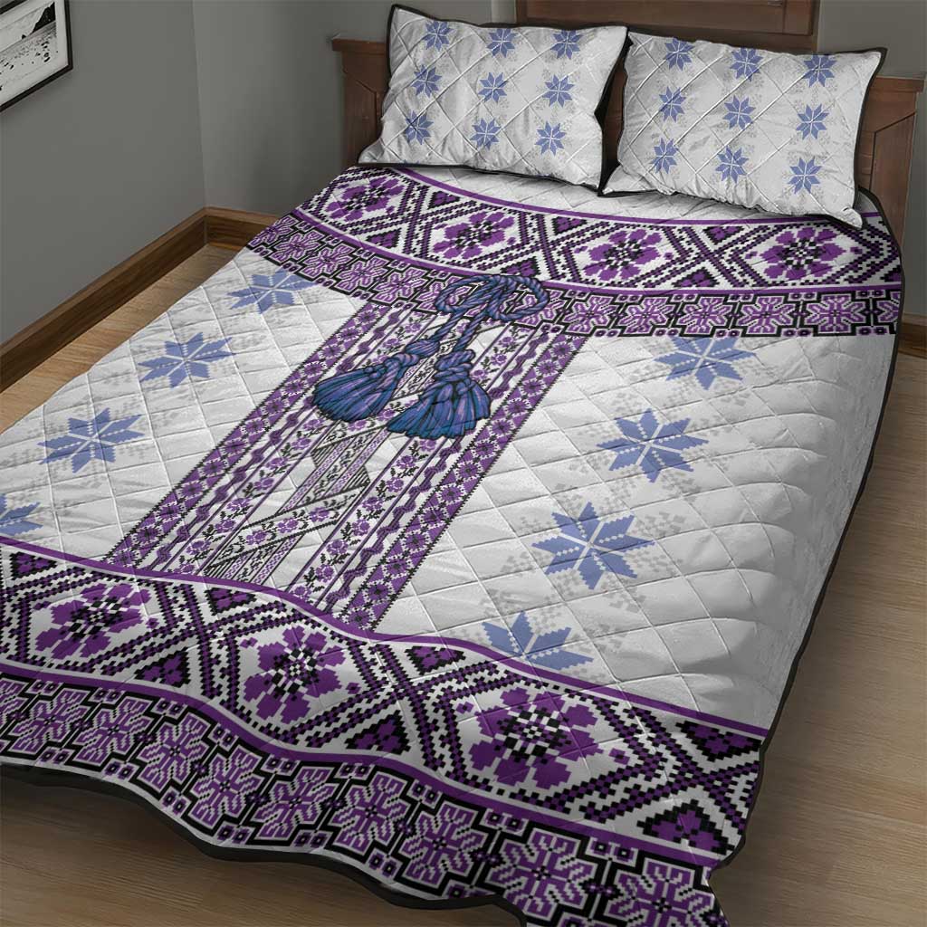 Ukraine Quilt Bed Set Traditional Braided Rope Belt Purple Folk Pattern