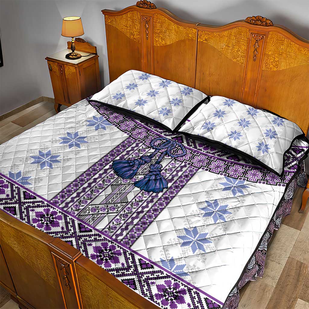 Ukraine Quilt Bed Set Traditional Braided Rope Belt Purple Folk Pattern