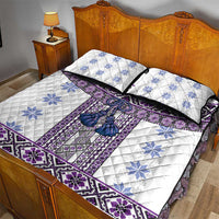 Ukraine Quilt Bed Set Traditional Braided Rope Belt Purple Folk Pattern