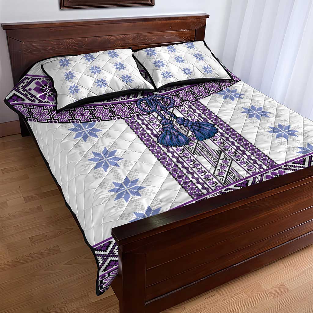 Ukraine Quilt Bed Set Traditional Braided Rope Belt Purple Folk Pattern