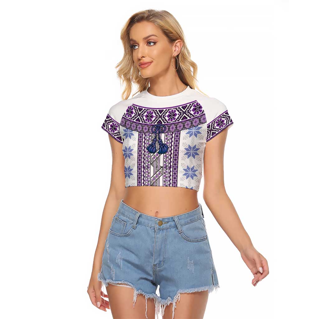 Ukraine Raglan Cropped T Shirt Traditional Braided Rope Belt Purple Folk Pattern