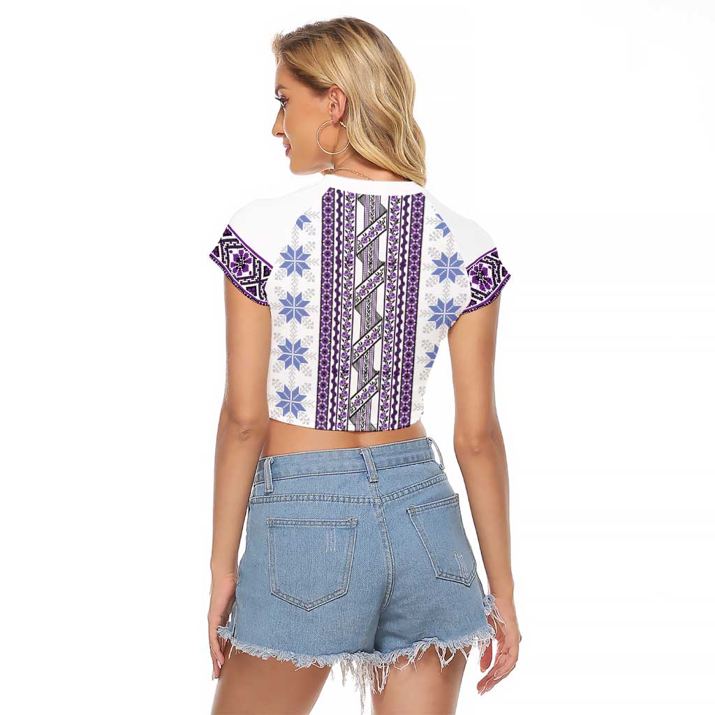 Ukraine Raglan Cropped T Shirt Traditional Braided Rope Belt Purple Folk Pattern
