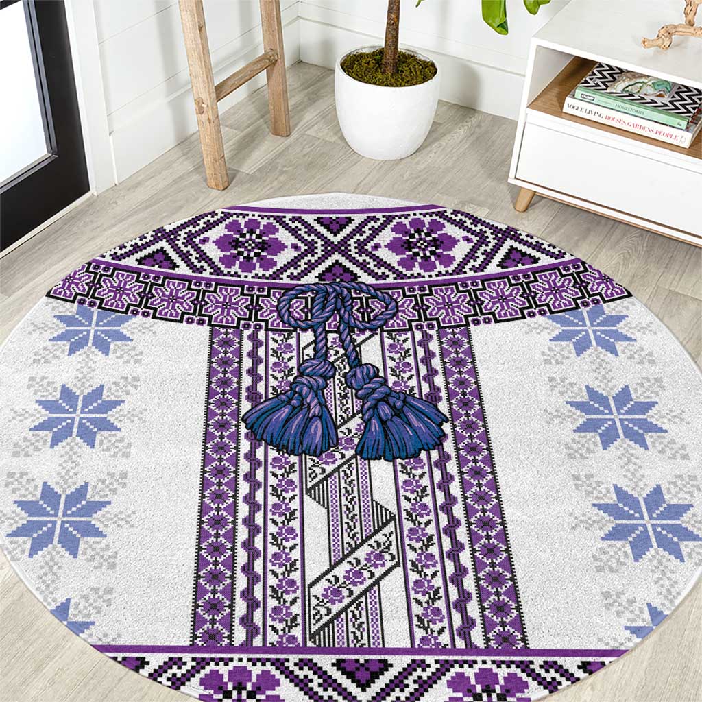 Ukraine Round Carpet Traditional Braided Rope Belt Purple Folk Pattern