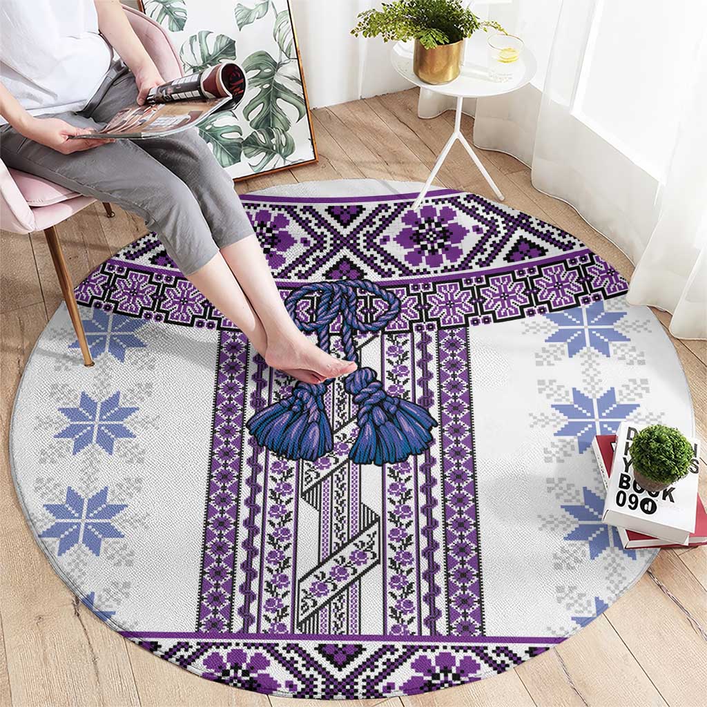 Ukraine Round Carpet Traditional Braided Rope Belt Purple Folk Pattern