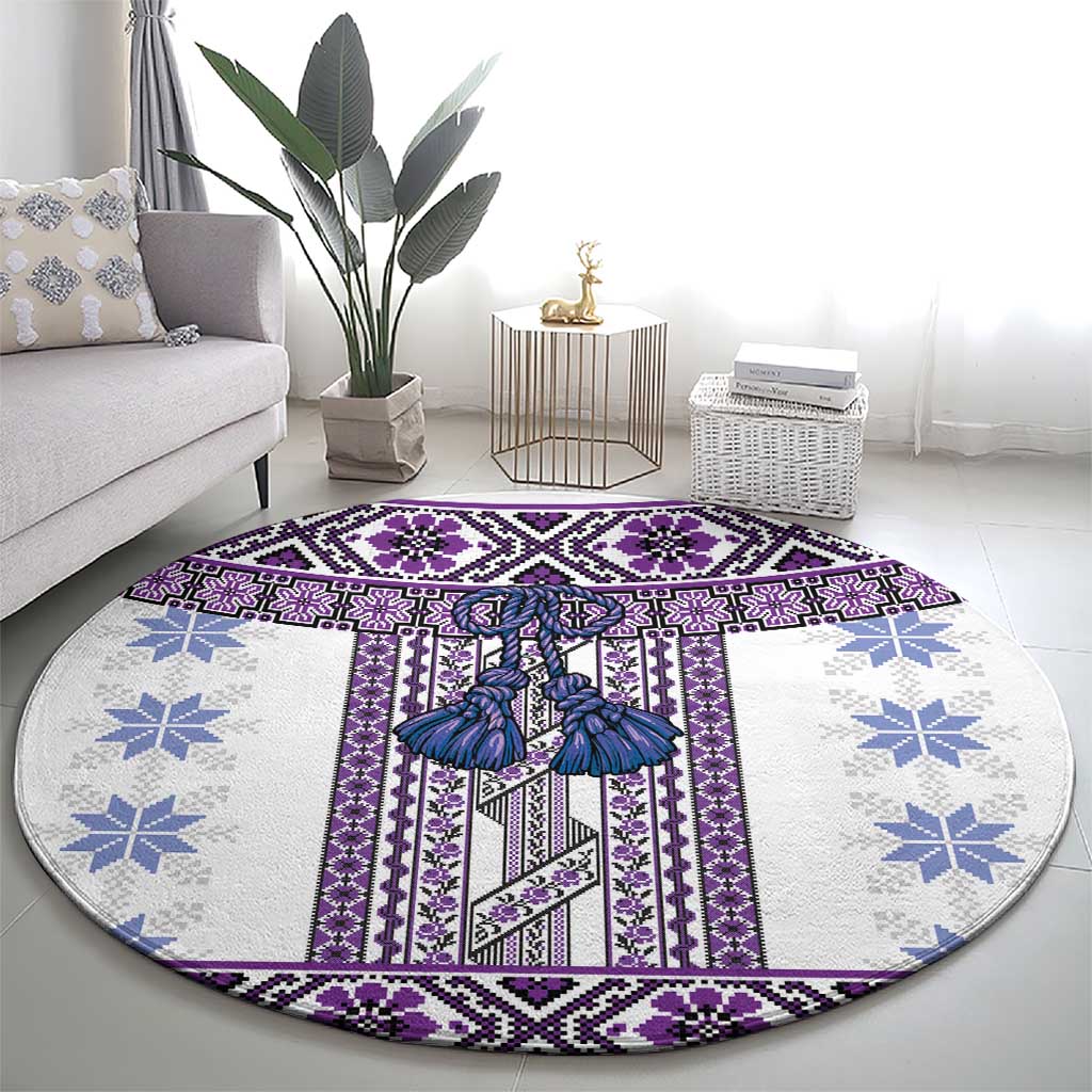 Ukraine Round Carpet Traditional Braided Rope Belt Purple Folk Pattern