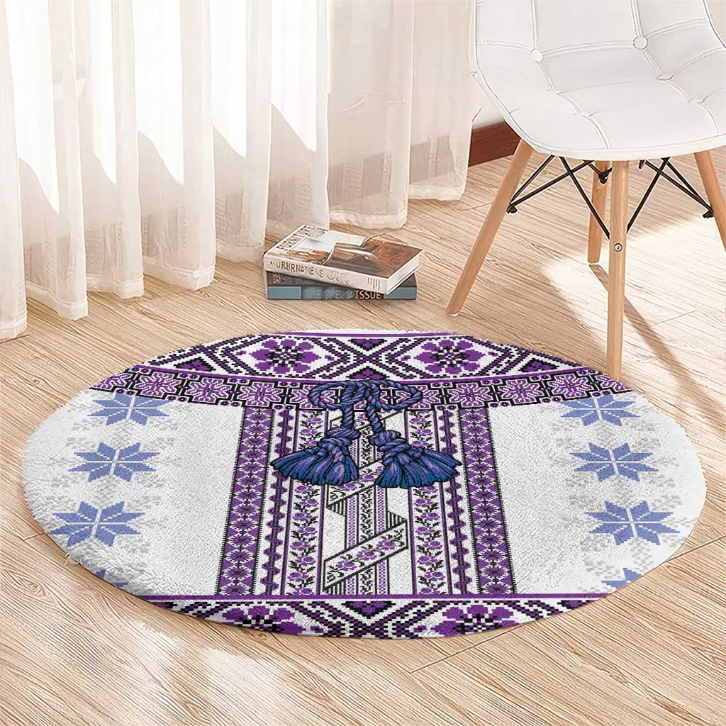 Ukraine Round Carpet Traditional Braided Rope Belt Purple Folk Pattern