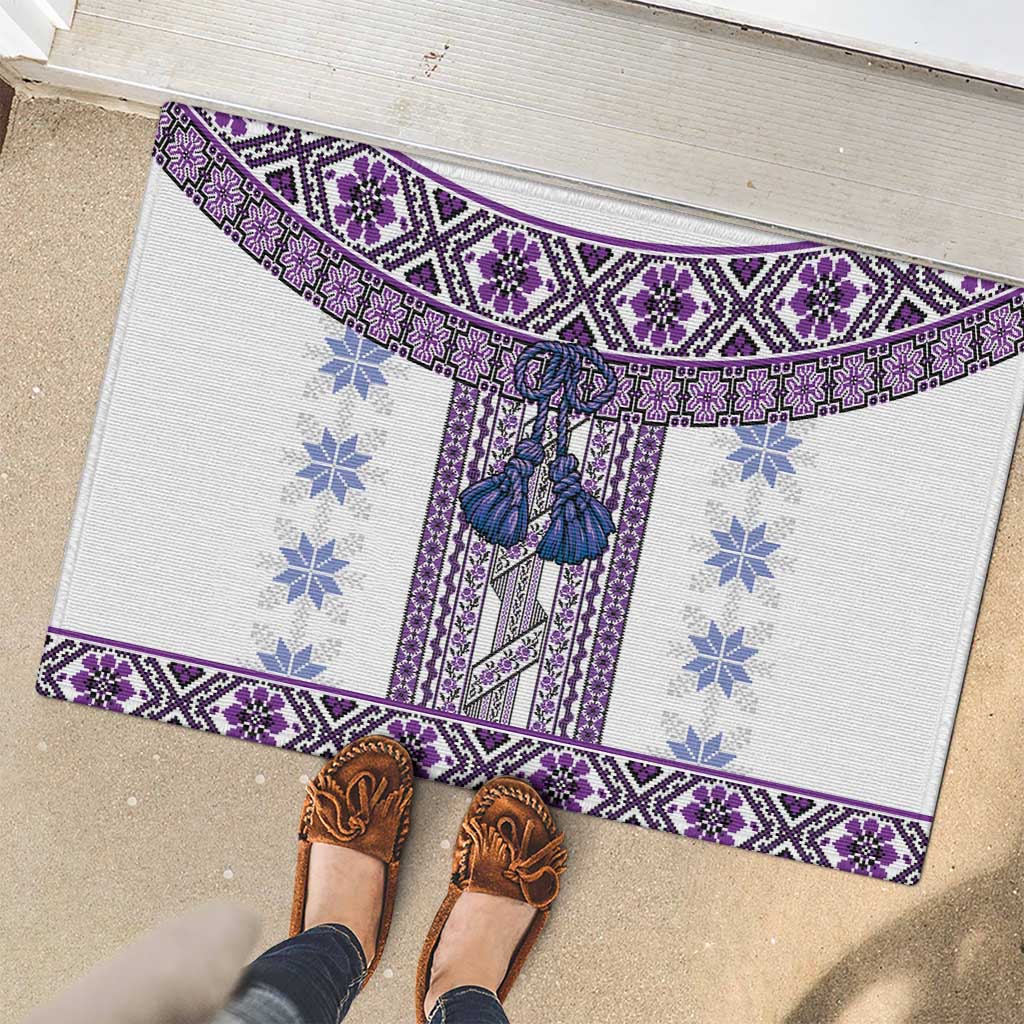 Ukraine Rubber Doormat Traditional Braided Rope Belt Purple Folk Pattern