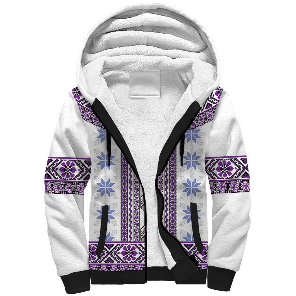 Ukraine Sherpa Hoodie Traditional Braided Rope Belt Purple Folk Pattern
