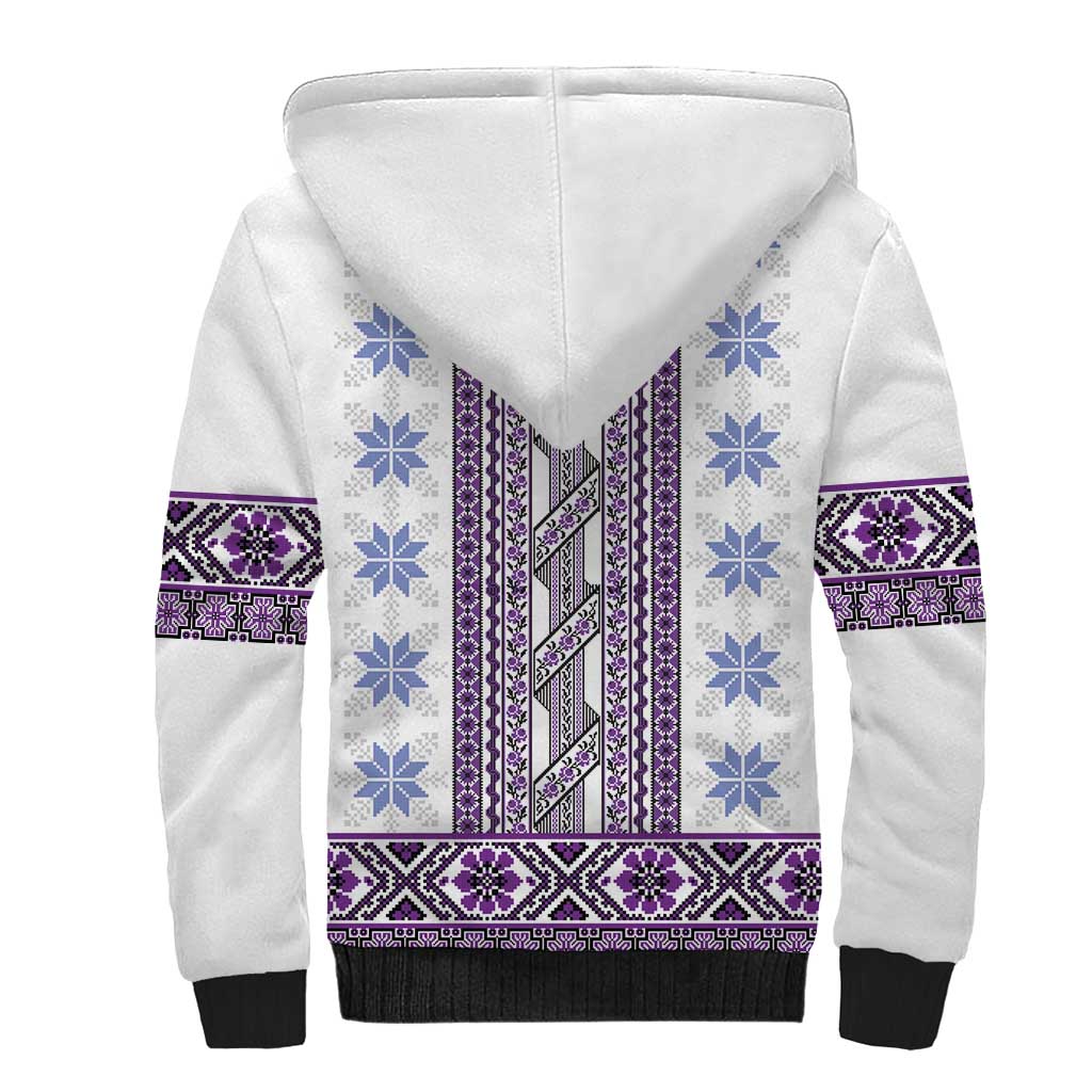 Ukraine Sherpa Hoodie Traditional Braided Rope Belt Purple Folk Pattern