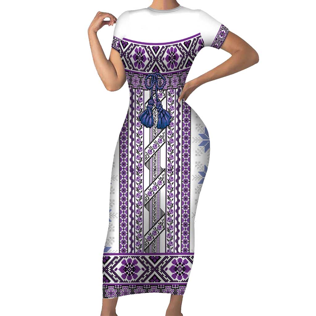 Ukraine Short Sleeve Bodycon Dress Traditional Braided Rope Belt Purple Folk Pattern