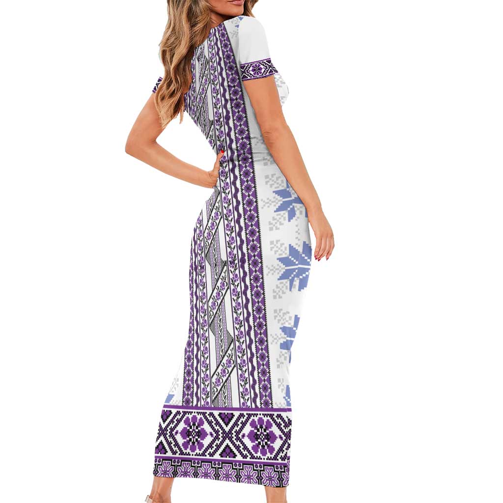 Ukraine Short Sleeve Bodycon Dress Traditional Braided Rope Belt Purple Folk Pattern