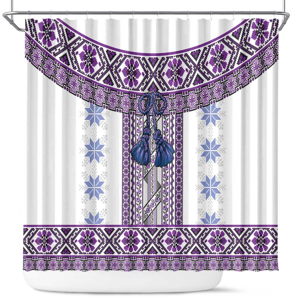 Ukraine Shower Curtain Traditional Braided Rope Belt Purple Folk Pattern