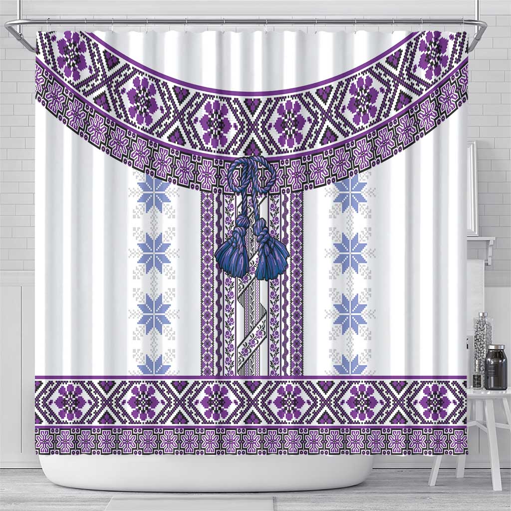 Ukraine Shower Curtain Traditional Braided Rope Belt Purple Folk Pattern