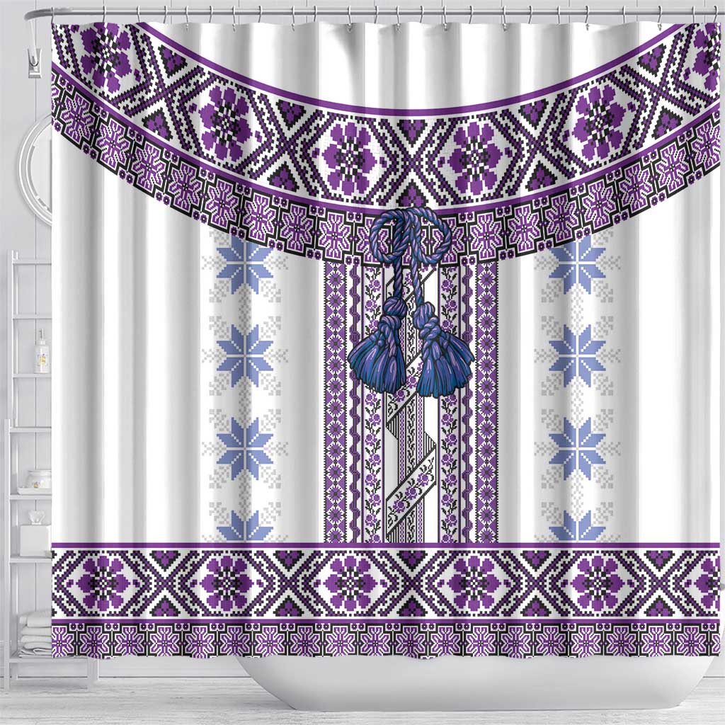 Ukraine Shower Curtain Traditional Braided Rope Belt Purple Folk Pattern