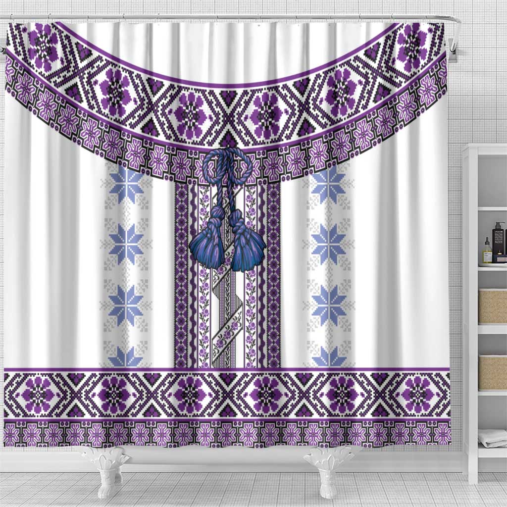 Ukraine Shower Curtain Traditional Braided Rope Belt Purple Folk Pattern