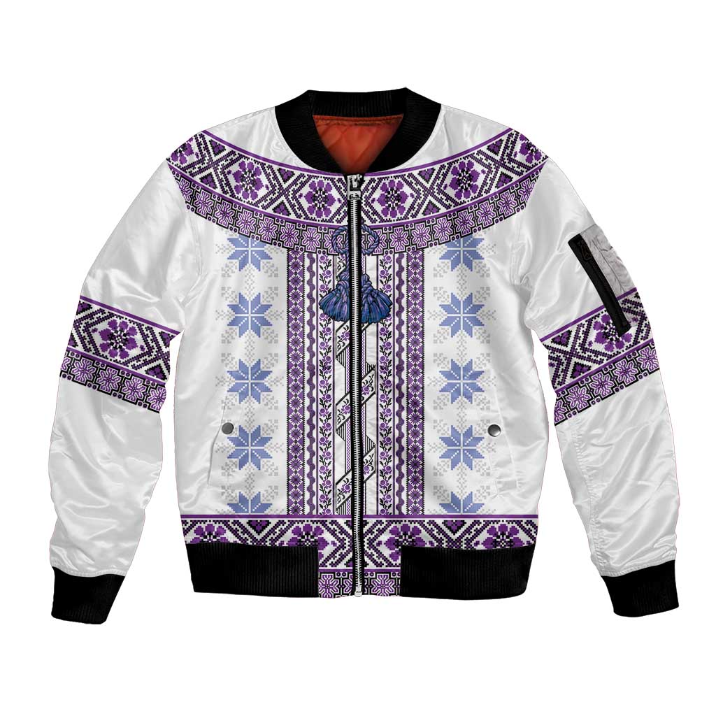 Ukraine Sleeve Zip Bomber Jacket Traditional Braided Rope Belt Purple Folk Pattern