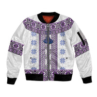 Ukraine Sleeve Zip Bomber Jacket Traditional Braided Rope Belt Purple Folk Pattern