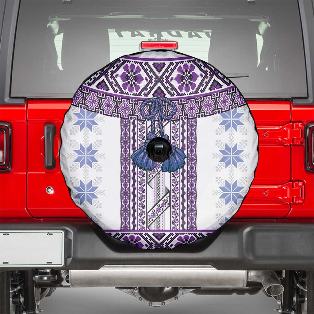 Ukraine Spare Tire Cover Traditional Braided Rope Belt Purple Folk Pattern