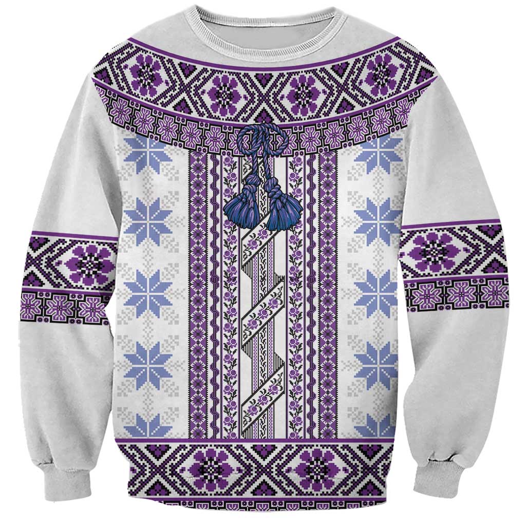 Ukraine Sweatshirt Traditional Braided Rope Belt Purple Folk Pattern