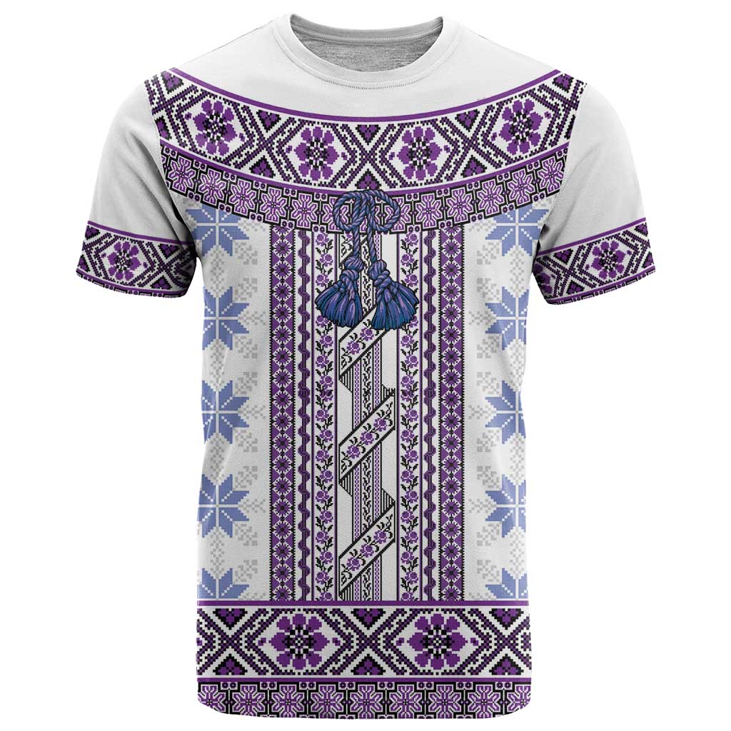 Ukraine T Shirt Traditional Braided Rope Belt Purple Folk Pattern
