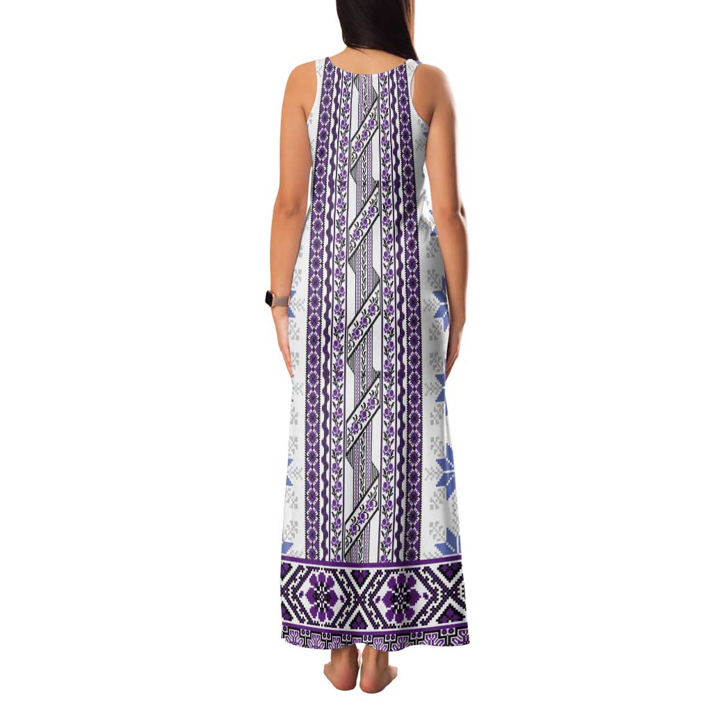 Ukraine Tank Maxi Dress Traditional Braided Rope Belt Purple Folk Pattern