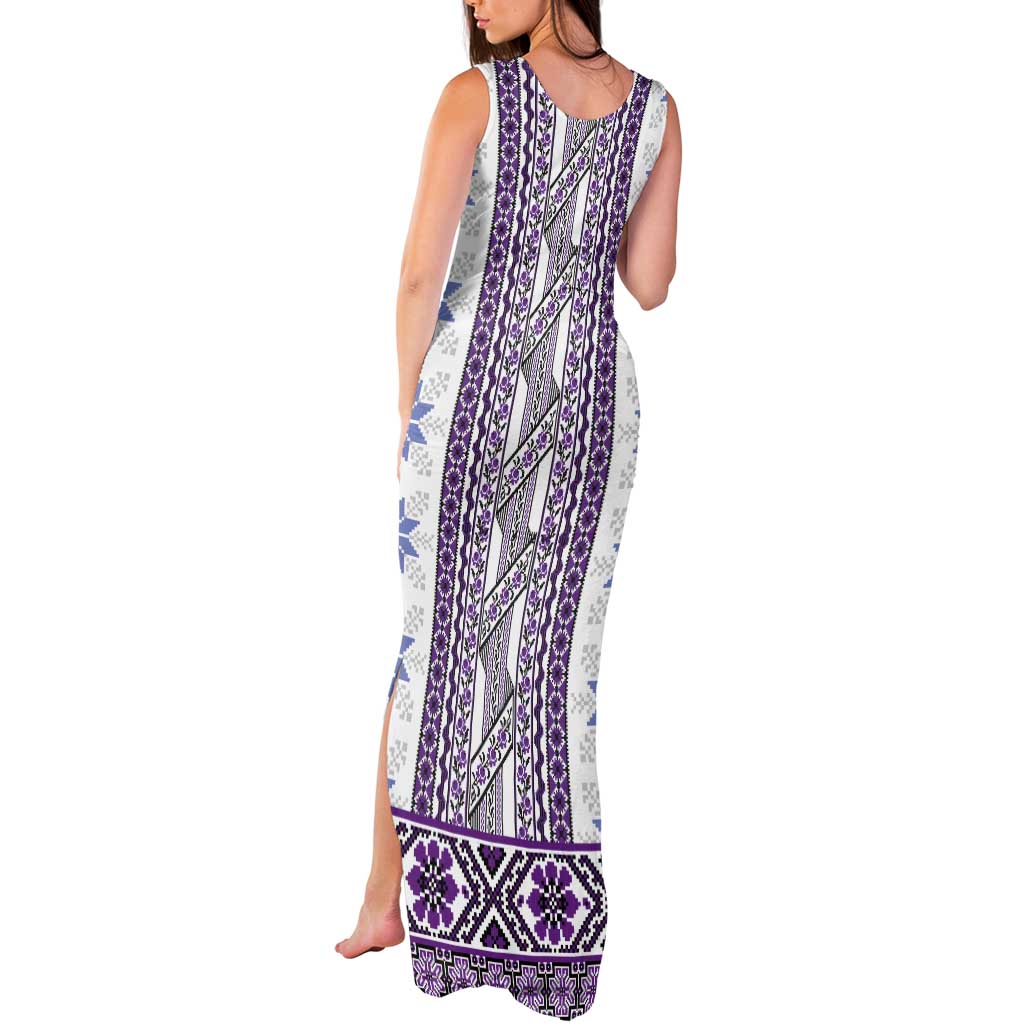 Ukraine Tank Maxi Dress Traditional Braided Rope Belt Purple Folk Pattern