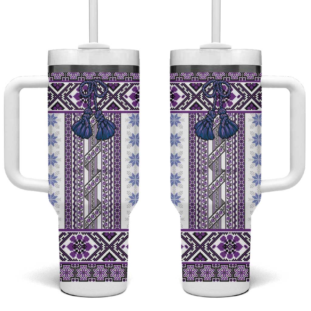 Ukraine Tumbler With Handle Traditional Braided Rope Belt Purple Folk Pattern