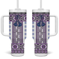 Ukraine Tumbler With Handle Traditional Braided Rope Belt Purple Folk Pattern