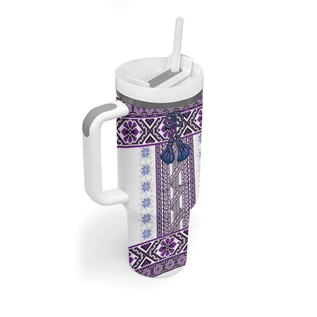 Ukraine Tumbler With Handle Traditional Braided Rope Belt Purple Folk Pattern
