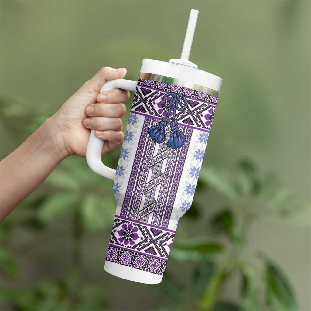 Ukraine Tumbler With Handle Traditional Braided Rope Belt Purple Folk Pattern